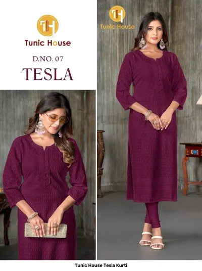 Tunic House Tesla Kurti, Image 7: Dark purple straight cut kurti with all-over self-colored thread work embroidery and button placket detail.