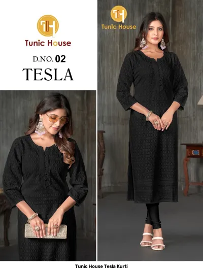 Tunic House Tesla Kurti, Image 2: Black straight cut kurti with all-over self-colored thread work embroidery and button placket detail.