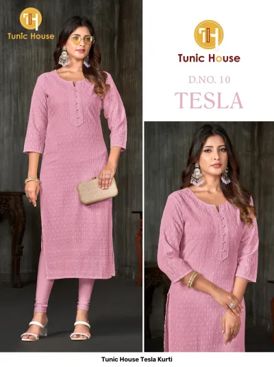 Tunic House Tesla Kurti, Image 10: Pink straight cut kurti with all-over self-colored thread work embroidery and button placket detail.