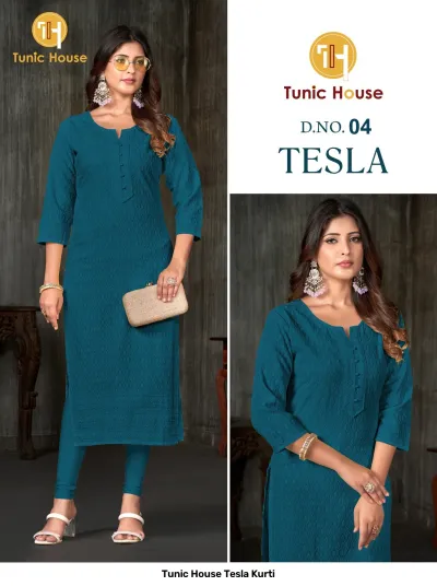 Tunic House Tesla Kurti, Image 4: Teal blue straight cut kurti with all-over self-colored thread work embroidery and button placket detail.