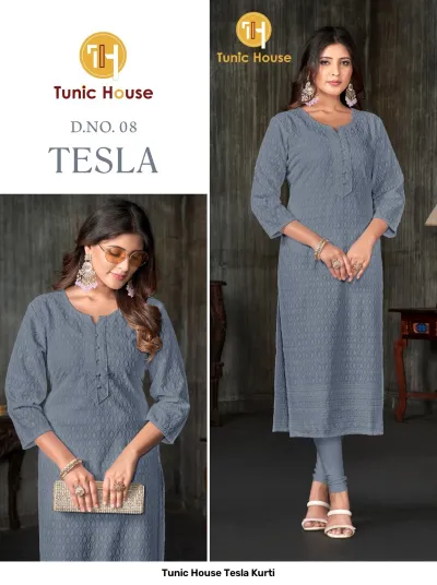 Tunic House Tesla Kurti, Image 8: Slate grey straight cut kurti with all-over self-colored thread work embroidery and button placket detail.