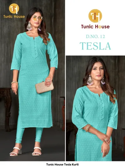 Tunic House Tesla Kurti, Image 12: Turquoise blue straight cut kurti with all-over self-colored thread work embroidery and button placket detail.