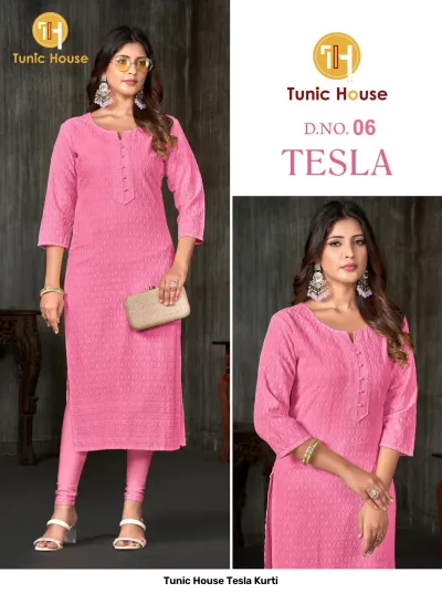 Tunic House Tesla Kurti, Image 6: Bright pink straight cut kurti with all-over self-colored thread work embroidery and button placket detail.