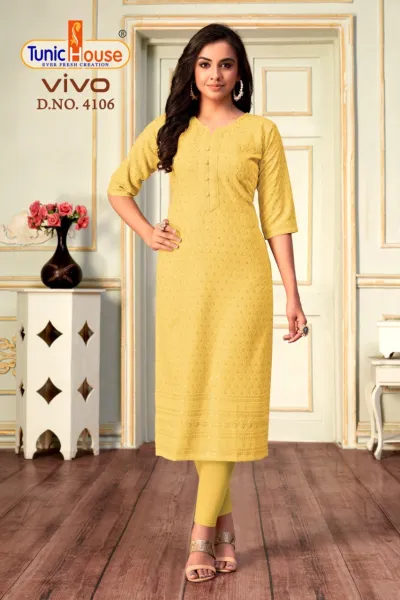 Tunic House Vivo Kurti D.NO. 4106 yellow straight cut kurti with all-over chikankari embroidery and sequin embellishments.