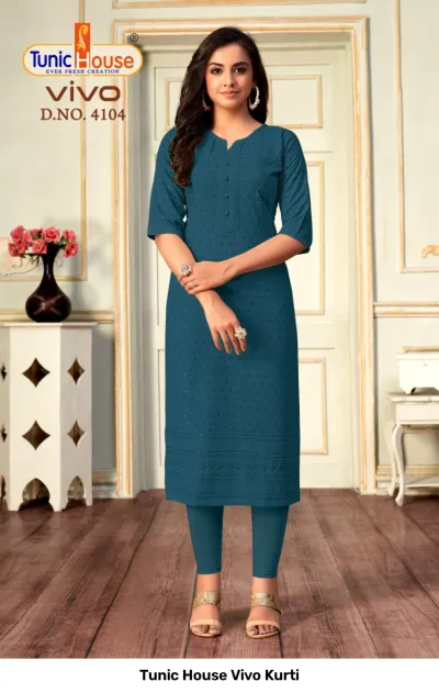 Tunic House Vivo Kurti D.NO. 4104 teal straight cut kurti with all-over chikankari embroidery and sequin embellishments.