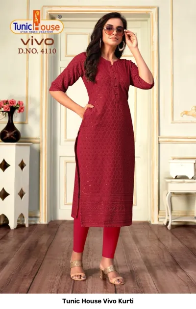 Tunic House Vivo Kurti D.NO. 4110 deep red straight cut kurti with all-over chikankari embroidery and sequin embellishments.
