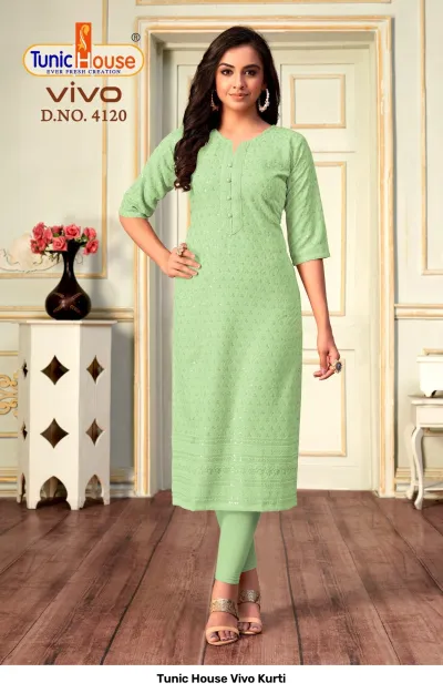 Tunic House Vivo Kurti D.NO. 4120 light green straight cut kurti with all-over chikankari embroidery and sequin embellishments.