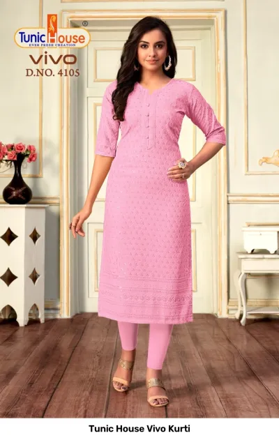 Tunic House Vivo Kurti D.NO. 4105 baby pink straight cut kurti with all-over chikankari embroidery and sequin embellishments.