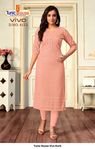 Tunic House Vivo Kurti D.NO. 4121 salmon pink straight cut kurti with all-over chikankari embroidery and sequin embellishments.
