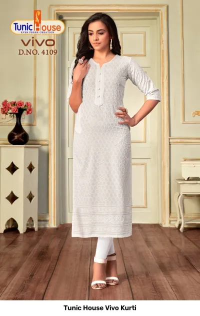 Tunic House Vivo Kurti D.NO. 4109 off-white straight cut kurti with all-over chikankari embroidery and sequin embellishments.