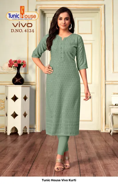 Tunic House Vivo Kurti D.NO. 4124 sage green straight cut kurti with all-over chikankari embroidery and sequin embellishments.