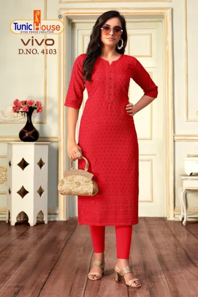 Tunic House Vivo Kurti D.NO. 4103 red straight cut kurti with all-over chikankari embroidery and sequin embellishments.
