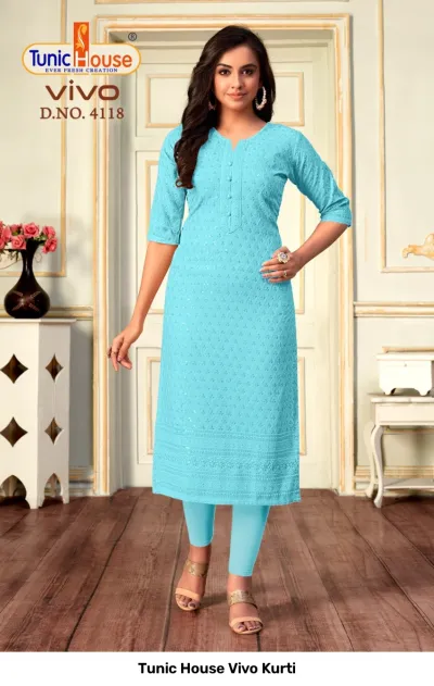Tunic House Vivo Kurti D.NO. 4118 sky blue straight cut kurti with all-over chikankari embroidery and sequin embellishments.