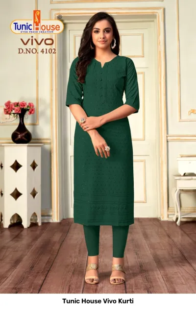 Tunic House Vivo Kurti D.NO. 4102 dark green straight cut kurti with all-over chikankari embroidery and sequin embellishments.