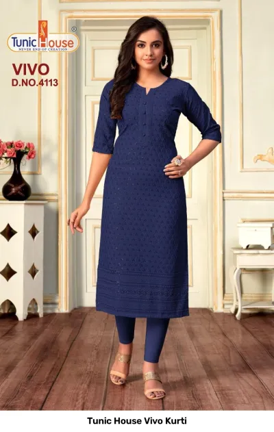 Tunic House Vivo Kurti D.NO. 4113 navy blue straight cut kurti with all-over chikankari embroidery and sequin embellishments.