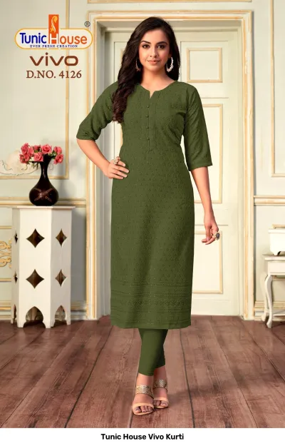 Tunic House Vivo Kurti D.NO. 4126 olive green straight cut kurti with all-over chikankari embroidery and sequin embellishments.