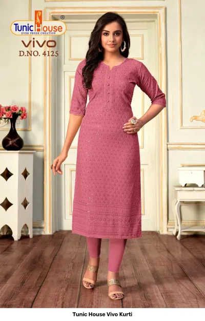 Tunic House Vivo Kurti D.NO. 4125 pink straight cut kurti with all-over chikankari embroidery and sequin embellishments.
