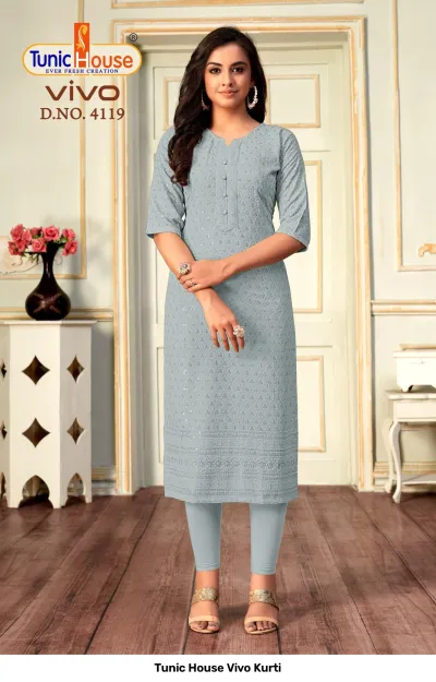 Tunic House Vivo Kurti D.NO. 4119 light grey straight cut kurti with all-over chikankari embroidery and sequin embellishments.