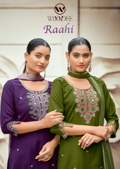 Woodee Raahi: Catalog cover showing two models wearing purple and olive green salwar suits with mirror work and zari work dupattas.