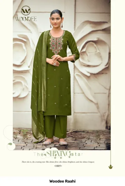 Woodee Raahi: Olive green salwar suit featuring intricate mirror work embroidery on the bodice, straight-cut pants, and a zari work dupatta.