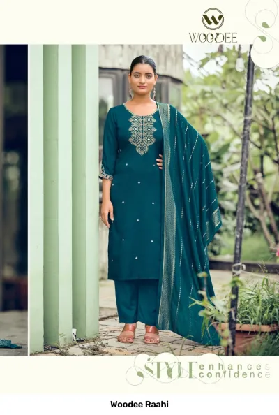 Woodee Raahi: Teal salwar suit set featuring mirror and thread embroidery on the neckline, straight pants, and a patterned dupatta.