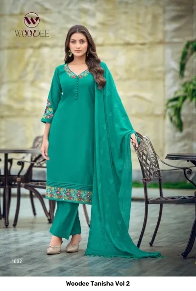 Woodee Tanisha Vol 2 teal salwar suit with floral thread work at the neckline, sleeves, and hem, paired with a matching dupatta and pants.