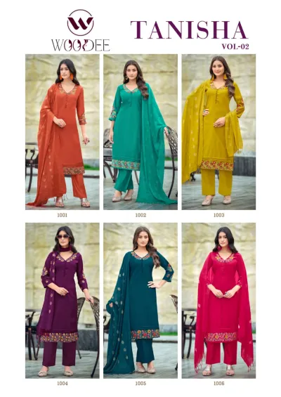 Woodee Tanisha Vol 2 catalog collage displaying six different colored salwar suit designs from the collection with floral embroidery details.