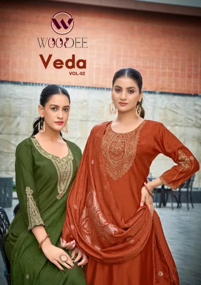 Woodee Veda Vol 2 catalog cover showing models in olive green and rust orange salwar suits with thread work and dupatta.