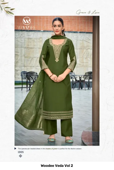 Woodee Veda Vol 2 olive green salwar suit with matching trousers, solid fabric, and gold thread embroidery on neck and sleeves.