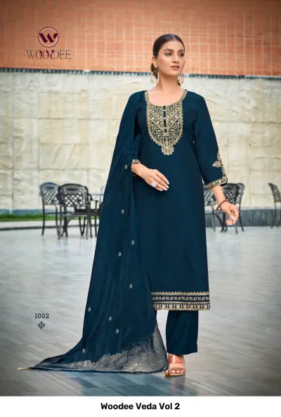 Woodee Veda Vol 2 teal blue salwar suit with straight pants, solid fabric, and gold thread embroidery detailing on the neckline.