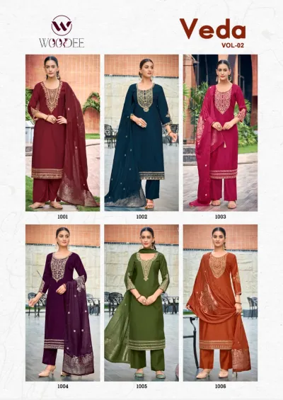 Woodee Veda Vol 2 catalog collage displaying six different colored salwar suit designs with similar thread work and dupatta styles.