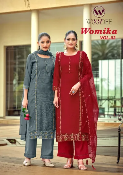 Woodee Womika Vol 2: Catalog cover showing models wearing grey and red salwar suits with thread work and matching dupattas.