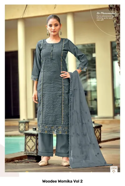 Woodee Womika Vol 2: Grey salwar suit with straight-cut kurti, palazzo pants, and sheer dupatta, featuring vertical thread embroidery and hem detail.