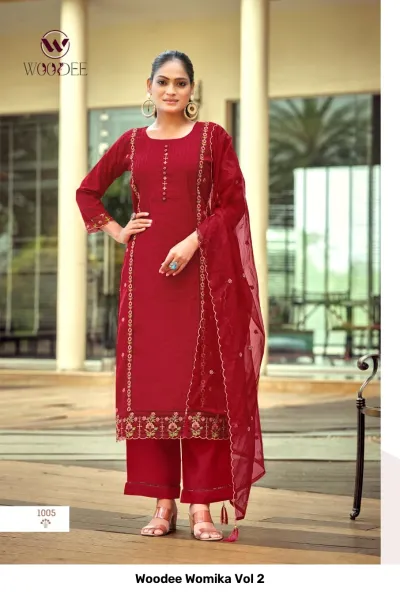Woodee Womika Vol 2: Red salwar suit with straight-cut kurti, palazzo pants, and sheer dupatta, featuring vertical thread embroidery and embellishments.