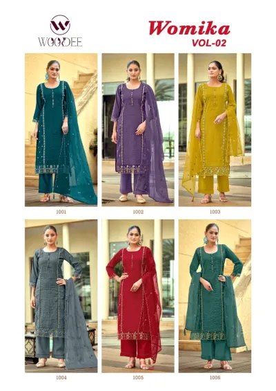 Woodee Womika Vol 2: Catalog collage displaying six different color variations of the straight-cut salwar suit collection.