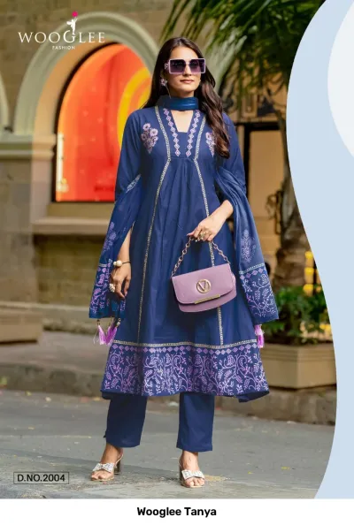 Wooglee Tanya D.No.2004: A dark blue salwar suit with detailed thread work on the neckline, printed hem, and a matching blue dupatta.
