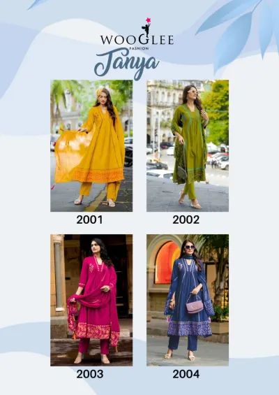 Wooglee Tanya: A catalog collage displaying four different salwar suit designs with printed and thread-worked patterns in yellow, green, pink, and blue.