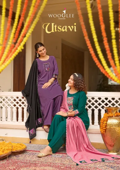 Wooglee Utsavi catalog cover featuring models in varied colorful salwar suits with floral thread embroidery and solid-colored dupattas.