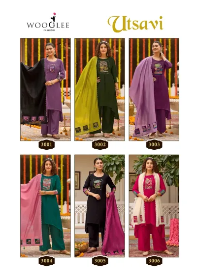Wooglee Utsavi catalog collage displaying six different colored high-low salwar suits with matching embroidered dupattas.