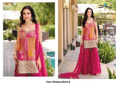 Your Choice Ginni 6: Pink multi-colored patch-print kurti with heavy zari work hemline, paired with matching sharara and dupatta.