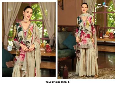 Your Choice Ginni 6: Off-white kurti with floral print and intricate zari work, paired with a matching sharara and dupatta.