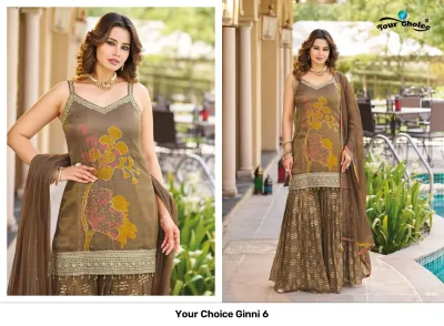 Your Choice Ginni 6: Brown sleeveless kurti with yellow and red floral print and zari border, with sharara and dupatta.