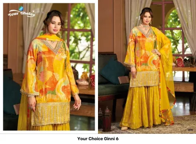 Your Choice Ginni 6: Yellow and orange abstract print kurti with zari embroidery, paired with a matching sharara and dupatta.