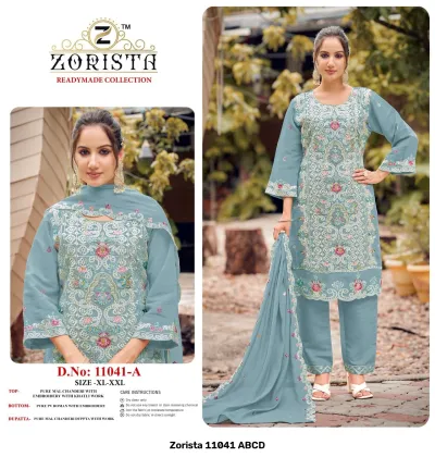 Zorista 11041 ABCD Vol A: Light blue salwar suit set featuring intricate thread embroidery and khatli work on Mal Chanderi fabric with matching dupatta.