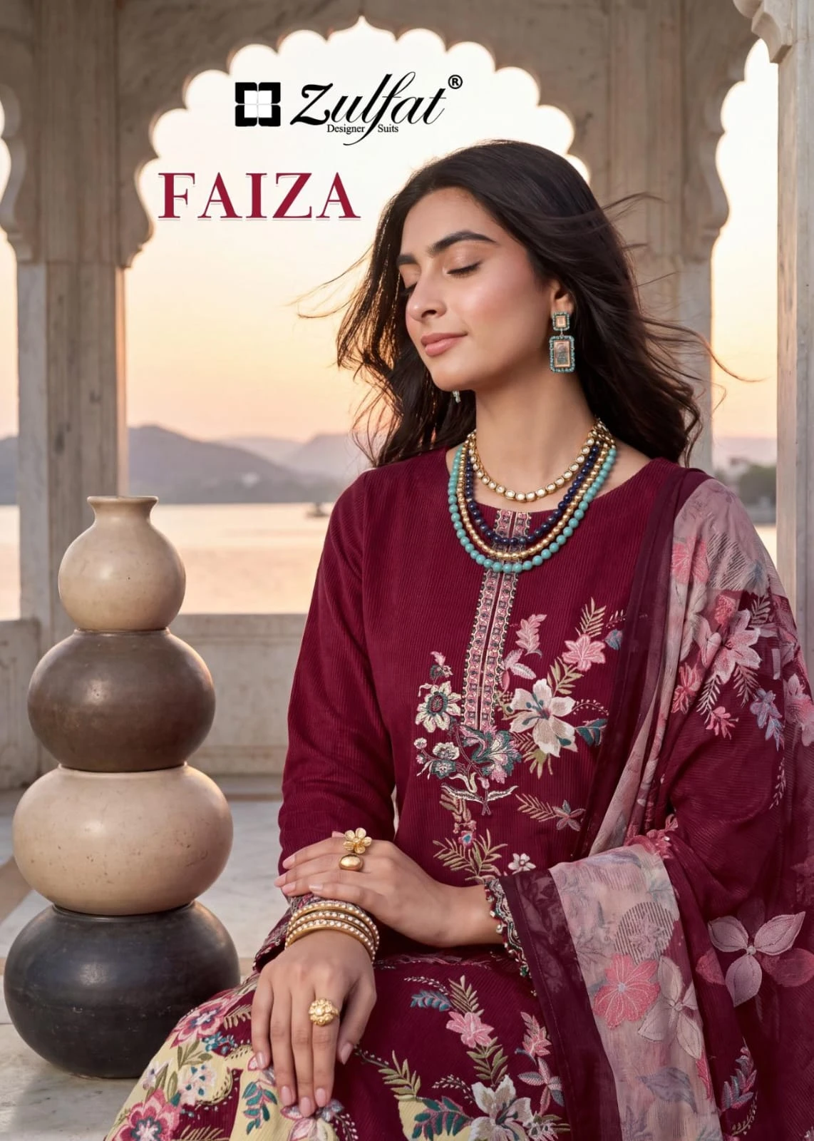 Zulfat Faiza: A woman wearing a maroon straight cut salwar suit with floral prints, thread work embroidery, and a matching printed dupatta.
