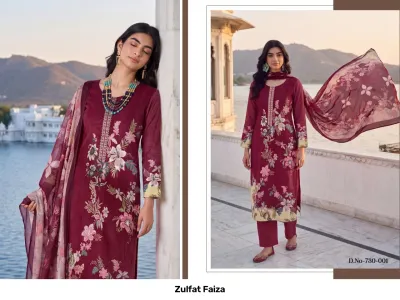 Zulfat Faiza: A catalog showing a maroon floral printed straight cut salwar suit with thread work embroidery and a matching printed dupatta.
