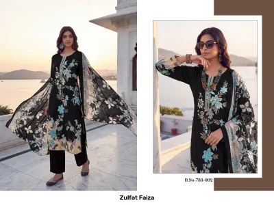 Zulfat Faiza: A catalog showing a black straight cut salwar suit with floral prints, thread work embroidery, and a matching printed dupatta.