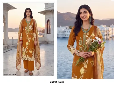 Zulfat Faiza: A catalog showing an ochre straight cut salwar suit with floral prints, thread work embroidery, and a coordinated printed dupatta.
