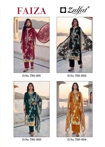 Zulfat Faiza: A catalog collage displaying four straight cut salwar suits in maroon, black, dark green, and ochre with floral patterns.
