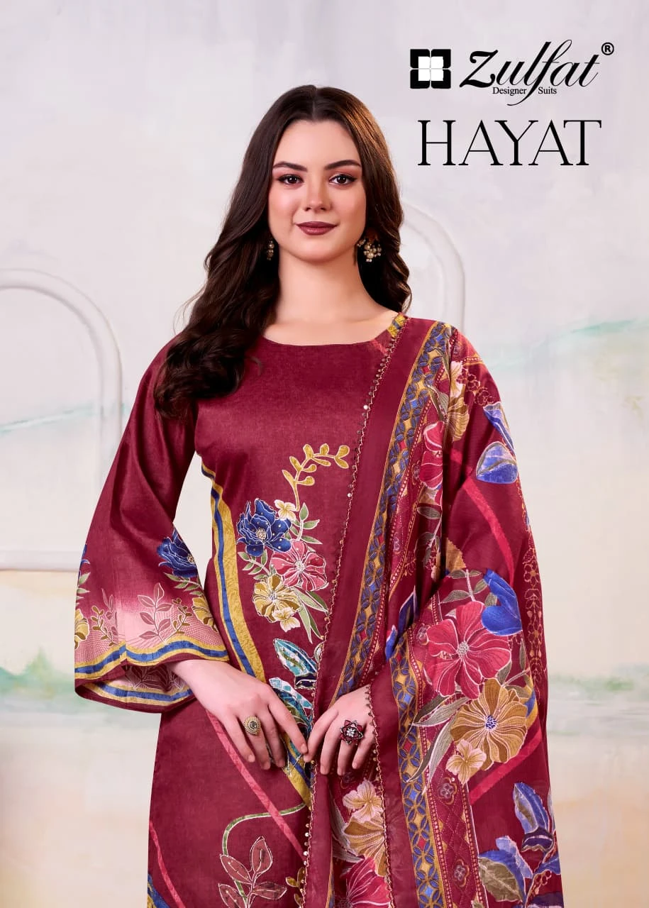 Zulfat Hayat design 1 of 6 — Pure Jam Cotton Semi Stitched Suits with print, handwork by Zulfat Designer Suits, wholesale Surat